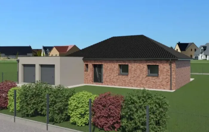 plan 3D d'une maison plain pied en brique rouge et enduit sur le garage, Les Demeures de l'Aa, Longuenesse (62)